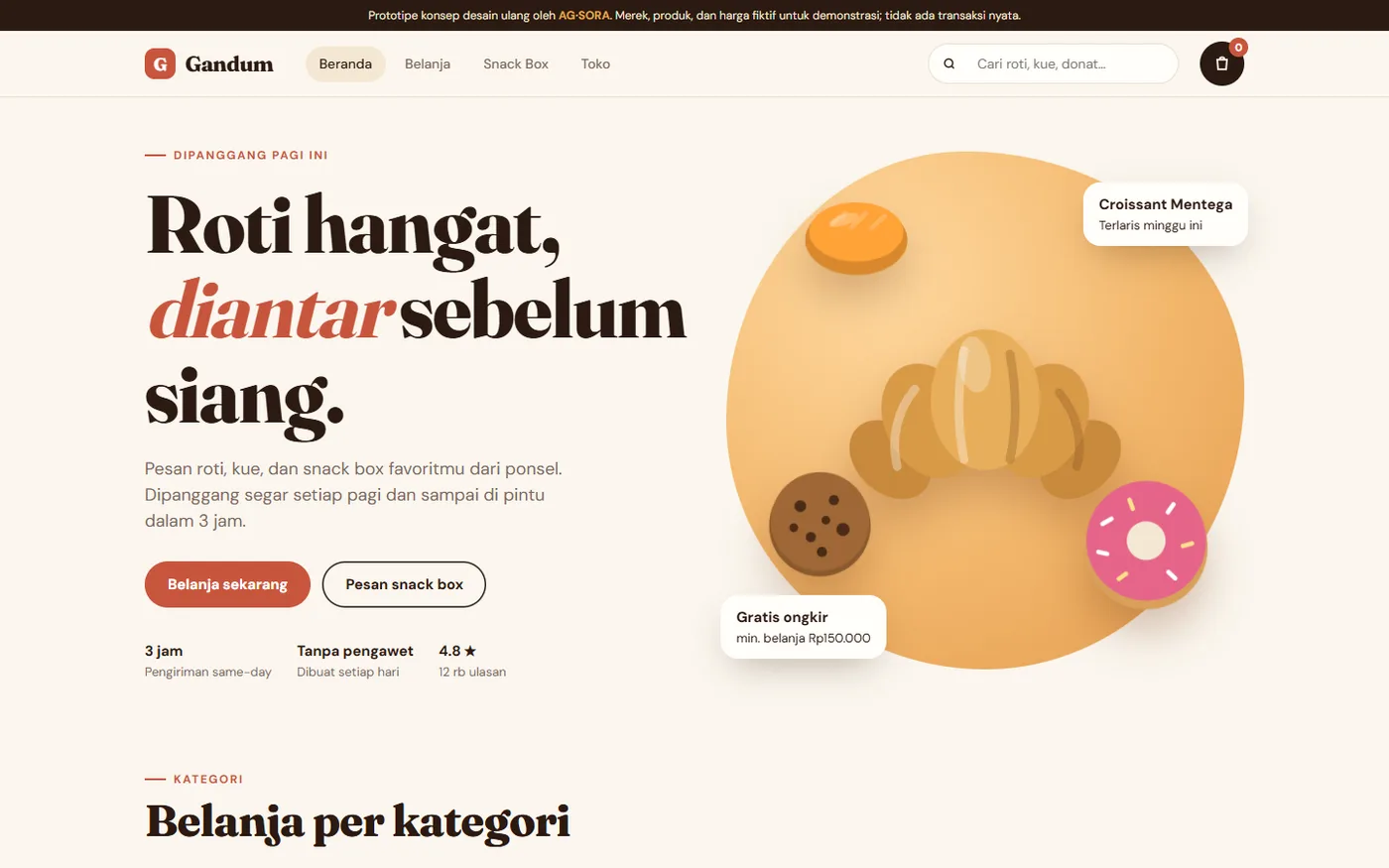 Home page of the Gandum Bakehouse e-commerce concept with bread and a croissant