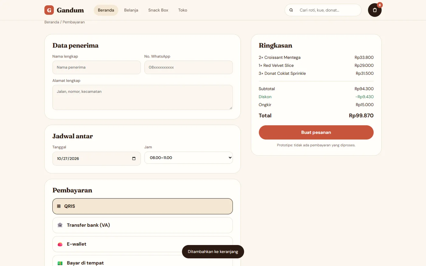 Checkout page with recipient details, delivery slot, and order summary