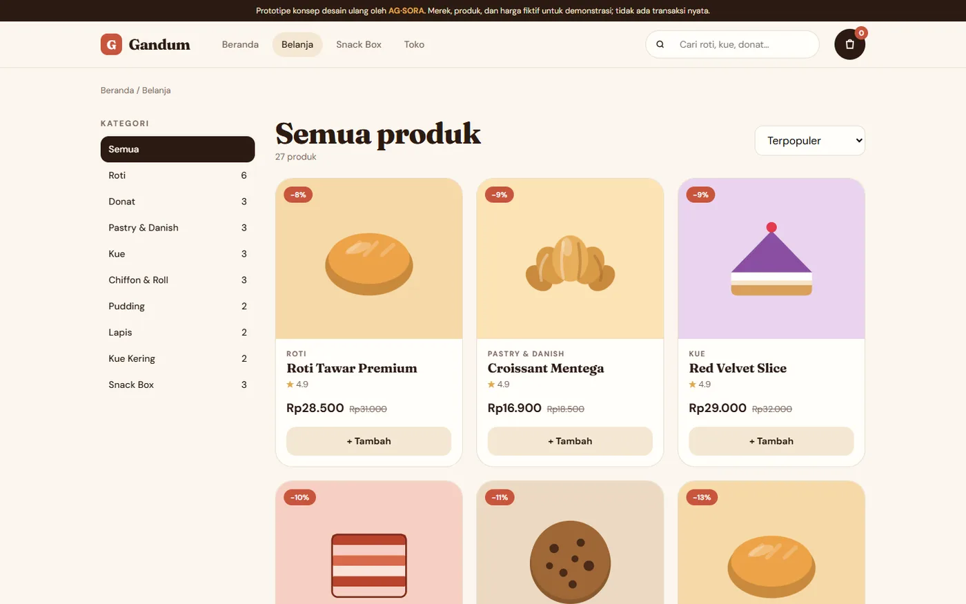 Product catalogue with category filters and discount labels