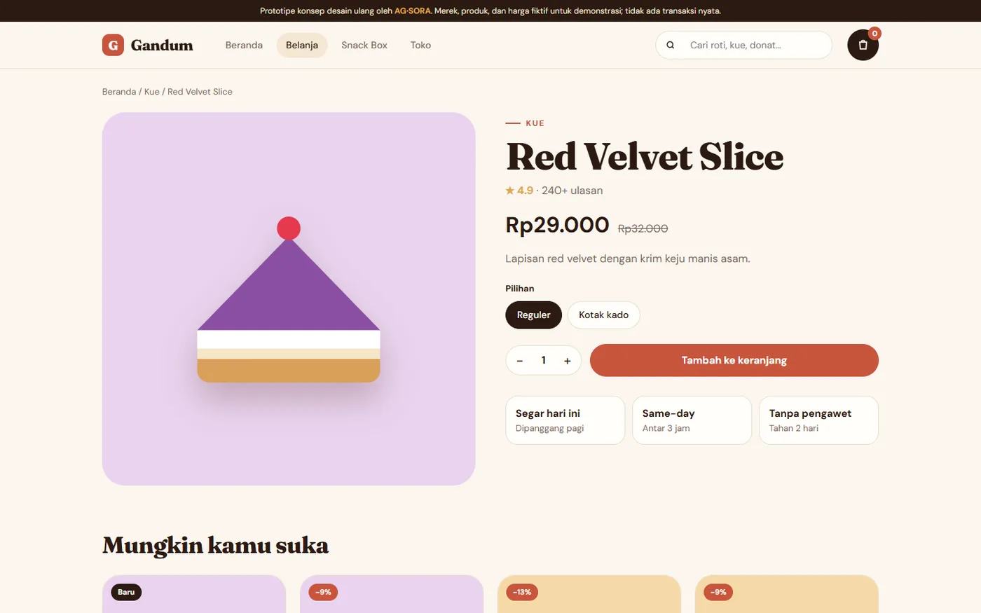 Red velvet product page with options and an add-to-cart button