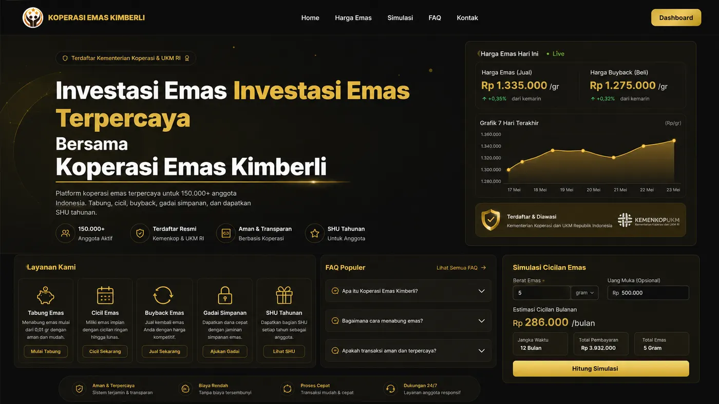 Beranda — harga emas live, simulasi cicilan, dan ringkasan layanan