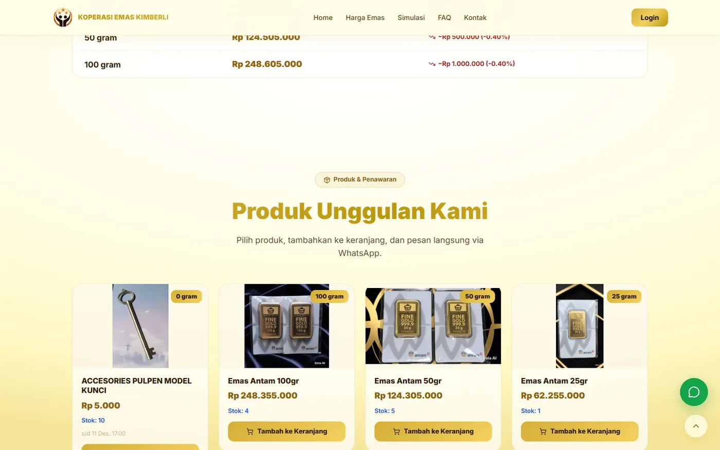 Gold bar product catalogue with prices and stock
