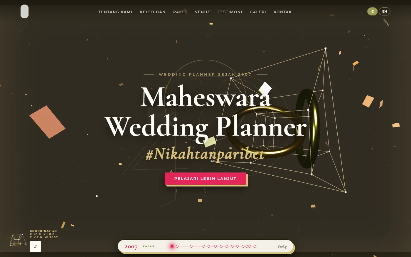 Maheswara Wedding Planner website hero with 3D gold rings