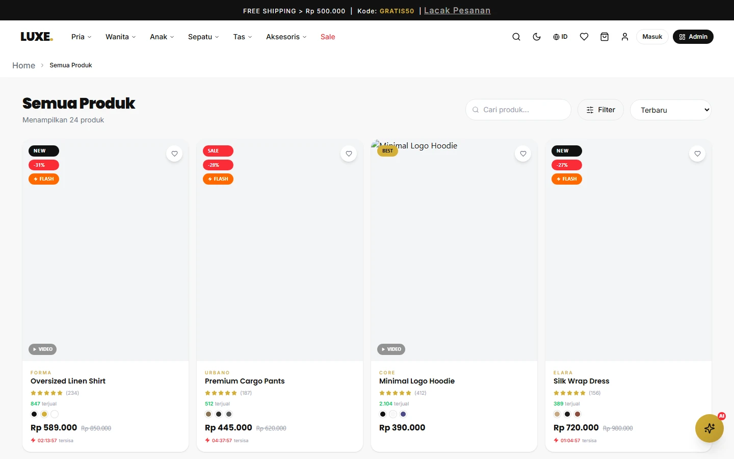 Katalog — filter brand/kategori/ukuran, product grid dengan wishlist
