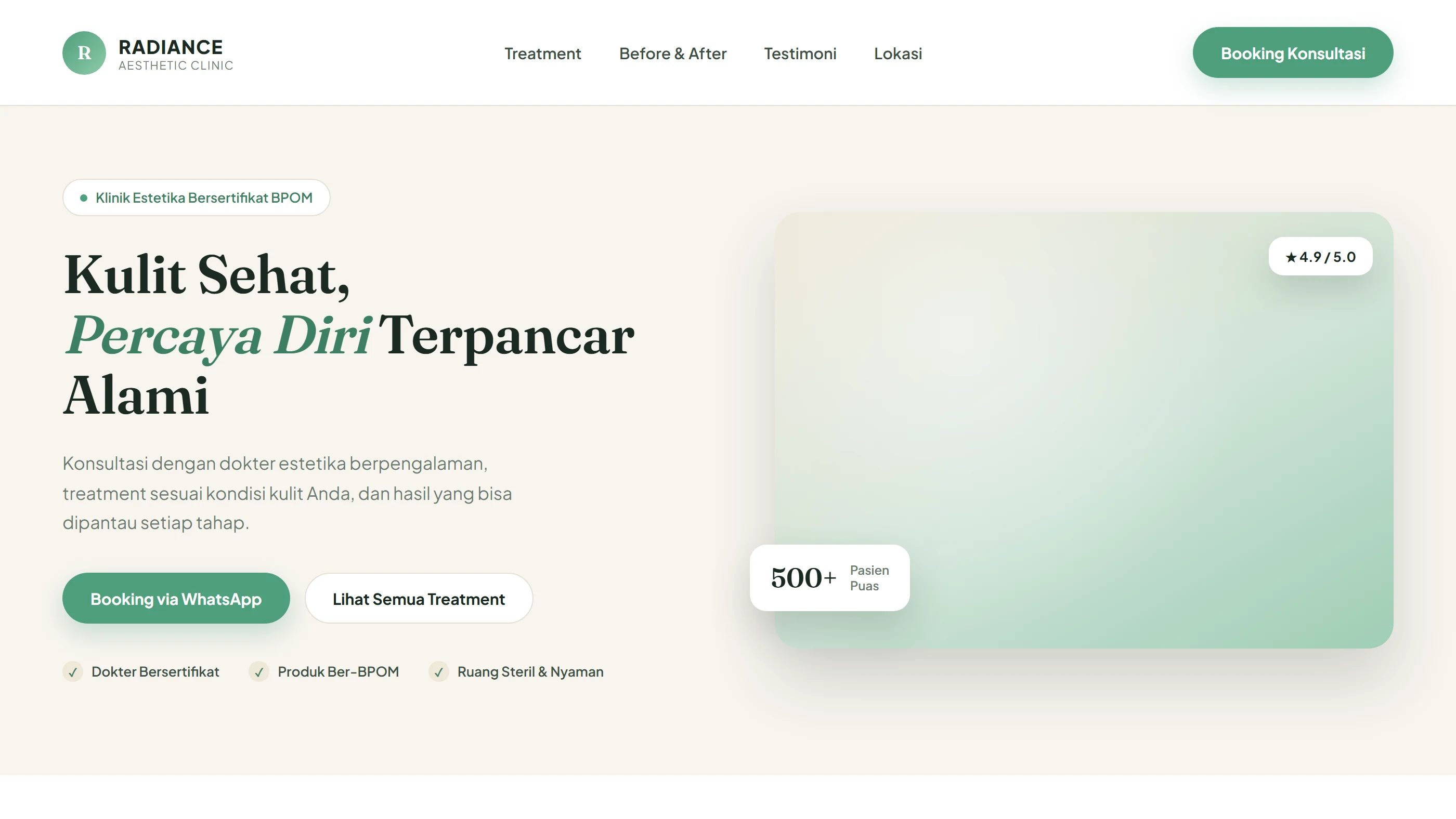 Beranda — headline utama, trust badge, dan CTA booking konsultasi