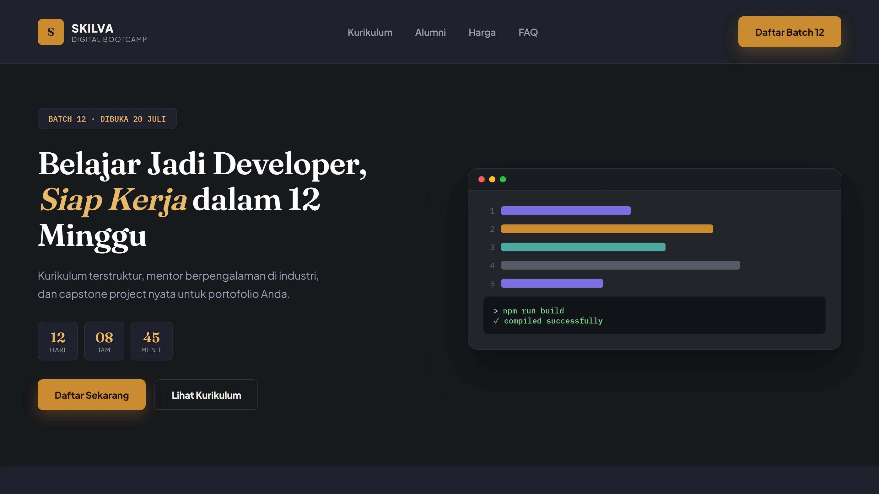 Beranda — headline utama, countdown batch, dan visual code editor